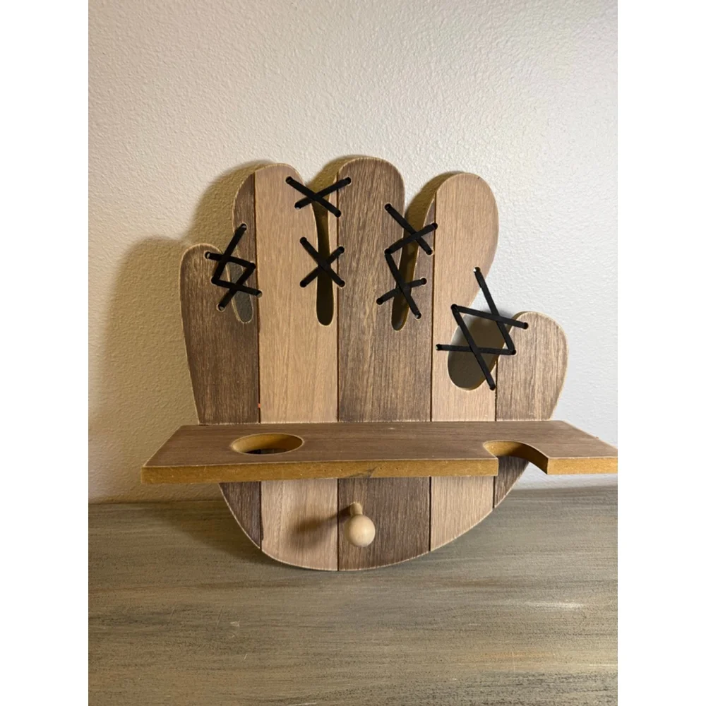 handcrafted wooden baseball glove wall shelf holds baseball bat ball & glove